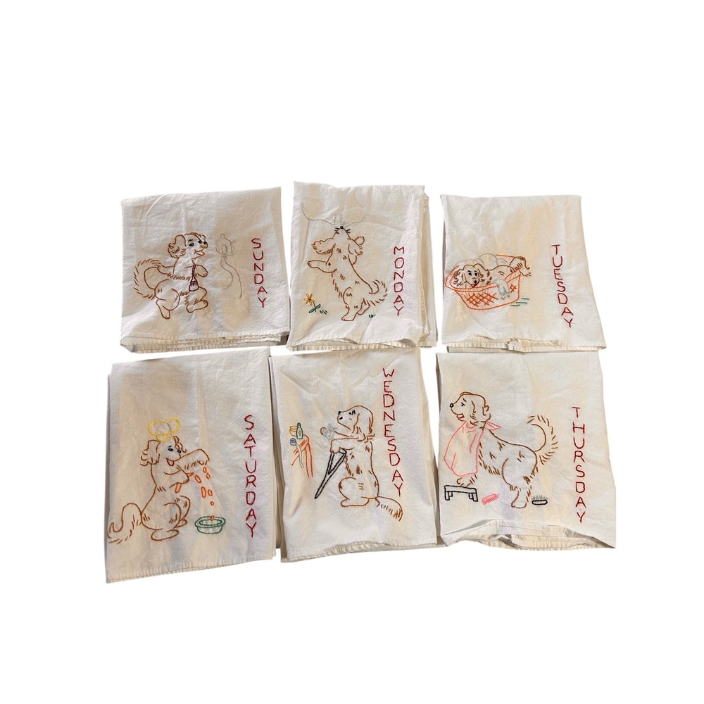 Unbranded Vintage Embroidered Dog Days of the Week Towels Set of 6 White